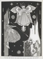 "En ese preciso instante, la joven hada salió de detrás de las colgaduras". Ilustración para el cuento "La Bella Durmiente en el bosque".