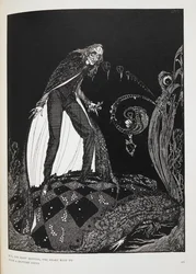 Pero, durante muchos minutos, el corazón latió con un sonido apagado". Ilustración del cuento "El corazón delator". El narrador asfixia al anciano con su propia cama.