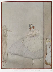"La curiosidad le hizo poner el ojo en el ojo de la cerradura". Ilustración para el cuento "Piel de asno". Una princesa siendo espiada por otra princesa.
