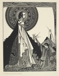 "Invocaría en voz alta su nombre". Ilustración de Ligeia, un relato corto.
"Ligeia" es un cuento de Edgar Allan Poe. La historia sigue a un narrador sin nombre y a su esposa Ligeia, una hermosa e inteligente mujer de pelo negro. Ella cae enferma, compone "