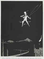 "Pulgarcito cumplió su palabra y regresó esa misma noche con la noticia". Un mensajero volando por el cielo nocturno. Ilustración del cuento "Pulgarcito".