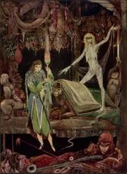 "Creo que un millón de tontos en el coro / están delirando y nunca se cansarán", ilustración de Faust de Goethe, traducida por John Anster