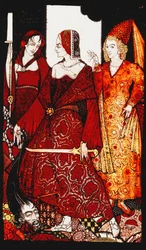 Reinas que cortaron los cerdos de Glanna. Reinas, nueve paneles de vidrio grabados, teñidos y pintados, ilustrando el poema de J.M. Synge