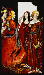 Reinas cuyo dedo una vez agitó a los hombres. "Reinas", nueve paneles de vidrio acidificados, teñidos y pintados, ilustrando el poema de J.M. Synge