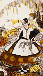 Siete días de perro dejamos pasar, nombrando reinas en Glenmacnass. "Reinas", nueve paneles de vidrio acidificados, teñidos y pintados, ilustrando el poema de J.M. Synge