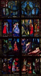 La ventana de Ginebra, ocho paneles que representan escenas de la literatura irlandesa temprana, 1929