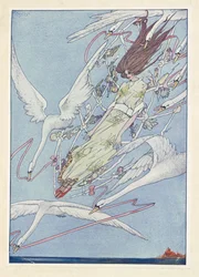 Los cisnes salvajes. Durante todo el día volaron por los aires.