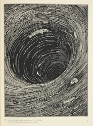 "El barco parecía estar colgando... sobre la superficie interior de un embudo de vasta circunferencia". Ilustración para la historia "Un descenso al Maelstrom".