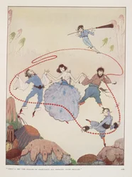 "Harán bailar de alegría a los reinos del país de las hadas". Ilustración de Limosna en otoño, de Rose Fyleman. Figuras bailando en el aire.