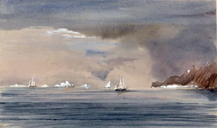Los icebergs frente al Cabo de Hornos (Chile), con la silueta del HMS Tribune. Pintura del Vicealmirante Harry Edmund Edgell (1809-1876), acuarela de 1856.