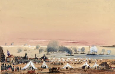 El desembarco en Kinburn (Ucrania, Rusia) en octubre de 1855, un campamento del ejército británico en la orilla, con la flota anclada mar adentro, incluido el HMS Tribune.