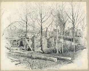 Dibujo, Aspecto actual del molino de Gaines, mirando hacia el este, 1885