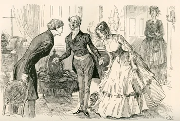 David conoce a Dora y a la señorita Murdstone. "¡El señor Copperfield, mi hija Dora, y la amiga confidencial de mi hija Dora, la señorita Murdstone!". Ilustración de Harry Furniss para la novela de Charles Dickens David Copperfield, de The Testimonial Edit