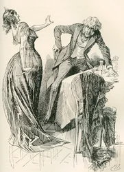 Edith y el Sr. Carker. "Se acercaba alegremente a ella cuando, en un instante, cogió el cuchillo de la mesa y retrocedió un paso. "¡Quédate quieto -le dijo- o te mato!". Ilustración de Harry Furniss para la novela de Charles Dickens