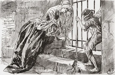 Lady Dedlock y Jo. "Lo pusieron allí", dice Jo, agarrándose a los barrotes y mirando hacia dentro, mientras Lady Dedlock se encoge en un rincón. Ilustración de Harry Furniss para la novela de Charles Dickens Bleak House, de The Testimonial Edition, publica