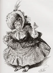 Miss Mowcher. Ilustración de Harry Furniss para la novela de Charles Dickens David Copperfield, de The Testimonial Edition, publicada en 1910.