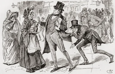 El Sr. Jaggers y sus clientes. "El señor Jaggers se detuvo de repente y, dirigiéndose a las dos mujeres con chales, dijo: "¡Oh! Amelia, ¿verdad?". "Sí, señor Jaggers". "Si no fuera por mí", replicó, "no estaríais aquí. Di una palabra más y Wemmick te dará 