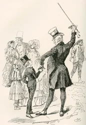 El Sr. Micawber lleva a David a casa. "Caminamos juntos hasta nuestra casa, mientras el señor Micawber me iba grabando los nombres de las calles y las formas de las casas de las esquinas". Ilustración de Harry Furniss para la novela de Charles Dickens Davi