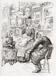 El Sr. Riah y la Srta. Wren en el Six Jolly Fellowship Porters. "Para un poco", interpuso la señorita Wren. "Le daré a la señora mi tarjeta". La sacó del bolsillo después de forcejear con la gigantesca llave de la puerta que la había retenido. La Srta. Abb