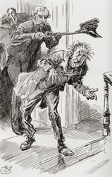 El método de expulsión del Sr. Wrayburn. "El hecho de que el Sr. Dolls mostrara una tendencia a quedarse dormido, amenazando así una estancia prolongada en el local, requería medidas enérgicas. Así que Eugene cogió su desgastado sombrero con las pinzas, se