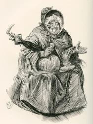 La Sra. Gamp. Ilustración de Harry Furniss para la novela de Charles Dickens Martin Chuzzlewit, de The Testimonial Edition, publicada en 1910.