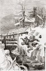 La lucha a muerte en la esclusa. " Aint I told you." "Te sostendré vivo, y te sostendré muerto", gritó Bradley, mientras Riderhood caía de espaldas sobre el foso liso, y Bradley Headstone sobre él." Ilustración de Harry Furniss para la novela de Charles Di
