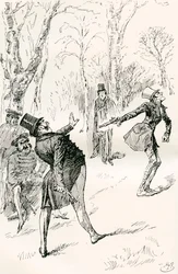 El duelo después del baile. " Los ojos del señor Winkle, que estaban cerrados, le impidieron observar el extraordinario e inexplicable comportamiento del doctor Slammer. Aquel caballero se quedó mirando, se frotó los ojos y, finalmente, gritó " ¡Alto, alto