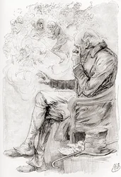 El sueño de Trotty. "¿Había soñado Trotty? ¿O acaso sus alegrías y penas, y los actores de las mismas, no son más que un sueño; él mismo, un sueño; el narrador de esta historia, un soñador, despierto pero ahora?". Ilustración de Harry Furniss para el cuent