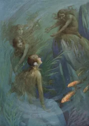 Andvari y las doncellas del Rin, de "El oro del Rin" (litografía en color)