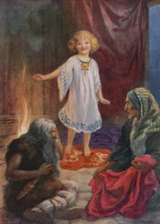 Aslaug, Aki y Grima, de "Ragnar Lodbrog" (litografía en color)