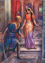 Al ver a Rama, se precipitó hacia delante. De las Aventuras de Rama y Sita, ilustración de "Cuentos infantiles de leyendas indias", hacia 1930 (litografía en color).