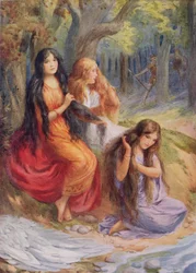 Hladgrun, Olrun y Alvit, ilustración de "The Wayland Smith" ilustrada en "Northern Legends" de Raphael Tuck (pub) (litografía en color).