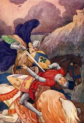 El Rey Arturo apuñalando a su enemigo en el pecho (litografía en color)