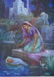 Kunti no se atrevió a desobedecer. De los hermanos aventureros, ilustración de "Cuentos infantiles de leyendas indias", años 30 (litografía en color).