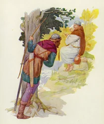 En una pequeña loma junto al vado, un hombre enorme roía una gran empanada de venado (litografía en color).