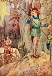 Perceval a la vista de tres caballeros de la Tabla Redonda (litografía en color)