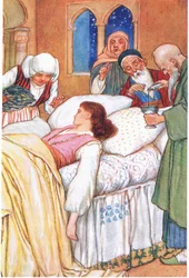 La princesa Aldebonda y sus médicos (del cuento "Los peregrinos del amor"), ilustración de "Cuentos de la Alhambra", c.1940 (litografía en color).