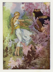 Proserpina bailando entre los lirios, observada por un gran rey (litografía en color)