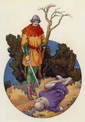 Robin atacó y de un gran golpe dio muerte a Guy de Gisborne (litografía en color)