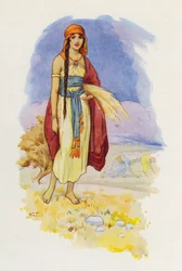 Ruth espigando en el campo (litografía en color)