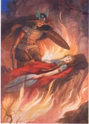 Sigurd y Brynhild" de "La espada de los volsungos", ilustrado en "Cuentos infantiles de las leyendas nórdicas", publicado por Raphael Tuck (litografía en color).
