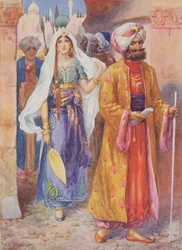 Simbad lleva regalos al Califa, ilustración de "Cuentos infantiles de Las mil y una noches", de Rose Yeatman Woolf, c.1920 (litografía en color).
