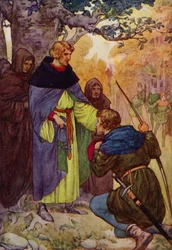 "Señor," dijo Robin, cayendo de rodillas, "Nosotros los de Sherwood reclamamos un perdón real" (litografía en color)