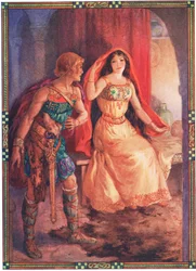 La dama se descubrió el rostro (de La dama repugnante y el caballero galante) (litografía en color)
