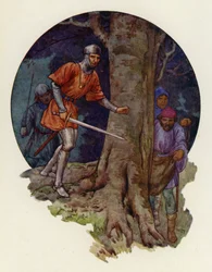 "¡Por fin los forajidos!" gritó el Sheriff, y con la espada desenvainada corrió hacia donde habían desaparecido las figuras (litografía en color)