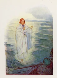 Caminando sobre el mar agitado, los pescadores vieron la figura de Jesús (litografía en color)
