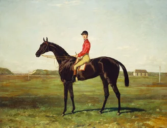 Un caballo de carreras con jinete en la pista de Newmarket