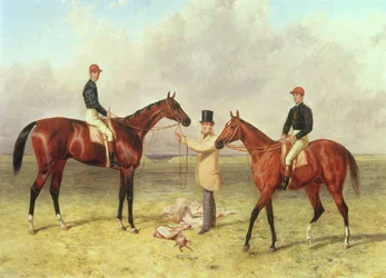 De izquierda a derecha Lord Lyon, ganador del Derby, St. Leger y 2,000 guineas; Elland, ganador del Ascot Gold Vase, propiedad de Sir R. Sutton, entrenado por James Dover, 1866
