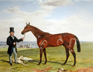 Retrato de un caballo de carreras con su entrenador