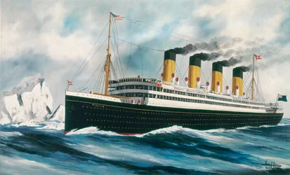 El transatlántico "Titanic" (1912) en marcha en el Atlántico Norte, pasando entre icebergs.
